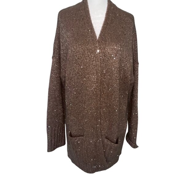 J Jill Sequin Wool Blend Open Front Cardigan Sweater Size L tan  Pockets - Picture 8 of 8